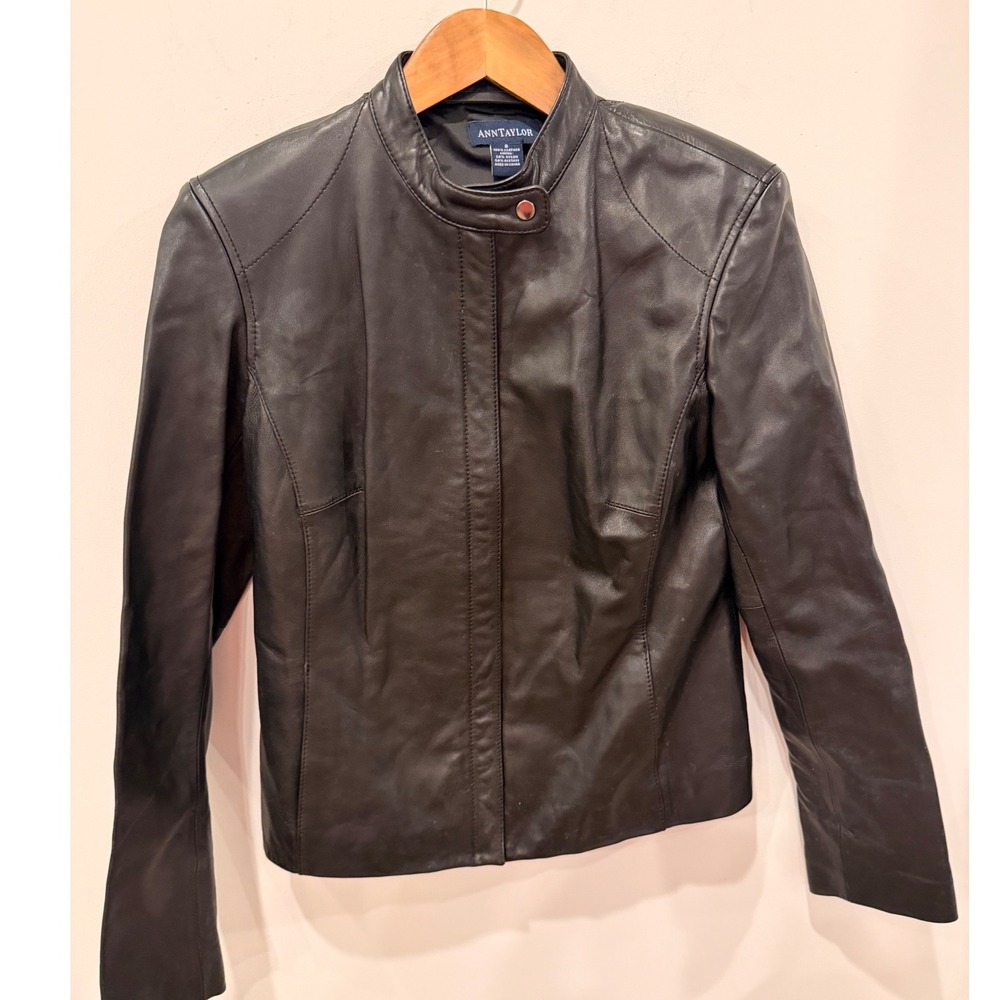 Ann Taylor Black Leather Moto Jacket Mandarin Collar Size S 53-92893